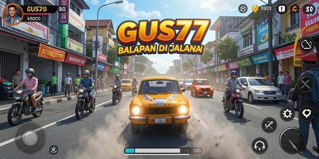 Screenshot GUS77 menampilkan balapan seru dengan mobil cepat di lintasan berliku.