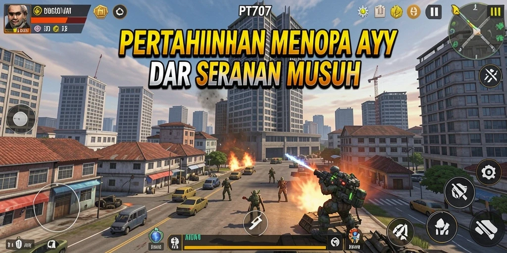 Tampilan gameplay PT707 yang menegangkan dengan menara yang strategis.